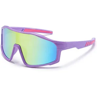 CIKJUK Sonnenbrille Kinder für Jungen Mädchen Fahrradbrille Silikon Flexiblem Rahmen Schnelle Brille Verspiegelt UV Schutz Jugendliche Sportbrille - Lila/Rot