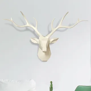 NEONMAN Geometrische Hirschkopf Wandskulptur Hirsch Hirschhorn Statue Hirschkopf-Wanddekoration 3d Hirschgeweih Deko Wanddeko Wandskulptur Kunstharz Tierkopf Wanddeko Hirsch Wanddeko Wand-Tierkopf(Wei