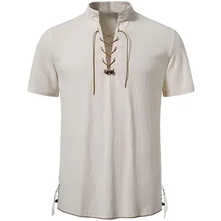 Lovraj Mittelalter Hemd Herren Kurzarm Leinenhemd mit Schnürung Vintage Wikinger Kurzarmhemd Traditioneller Retro-Stil Sommerhemd Sommer Hippie Hemd Luftig Leinen Freizeithemd Cosplay Kostüm - XL