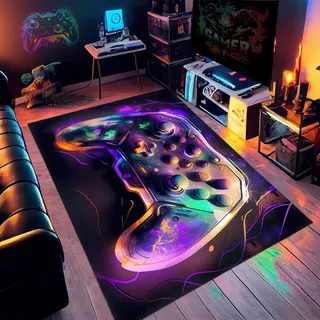 PEIHUODAN Gamer Bereich Teppich Jugendzimmer Jungen Gaming Zimmer Home Decor Coole Neon-Spiele Teppich Anime Gamepad 3D Gedruckter Teppich Für Wohnzimmer Und Schlafzimmer (Purple,80x160cm)