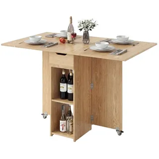 COSTWAY Esstisch, Klapptisch mit 2 Rädern, 2-stufiger Ablagefläche & Schublade beige