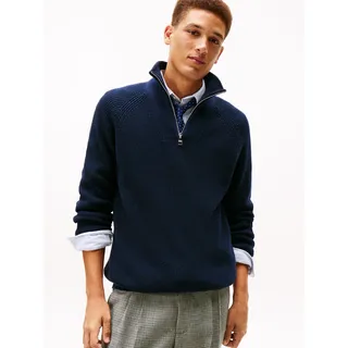 Troyer TOMMY HILFIGER "FISHERMAN RIB ZIP MOCK", Herren, Gr. S, blau (schwarz night navy), Strick, Obermaterial: 45% Polyamid, 30% Baumwolle, 25% Wolle, relaxed fit normal, Rippstrickbündchen, Pullover Troyer, relaxed fit, Stehkragen mit Reißverschluss