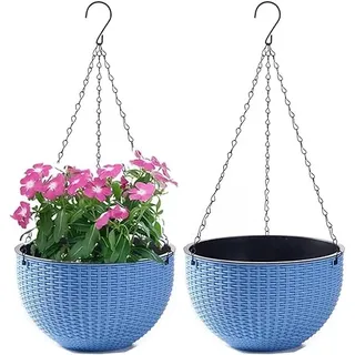Youning Blumenampel Hängend Außen und Innen Kunststoff Hängetopf für Pflanzen 2 Stück Blumentopf Hängend Hängeampel mit Kette Selbstbewässerung Hängepflanztöpfe für Blume Decken Balkone Garten (Blau)