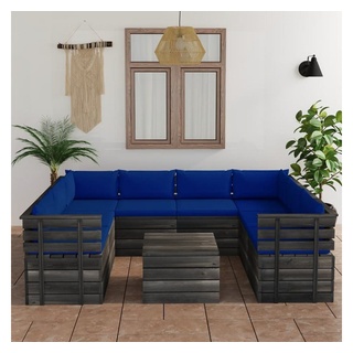 furnicato Garten-Essgruppe 9-tlg. Garten-Sofagarnitur aus Paletten mit Kissen Kiefernholz blau