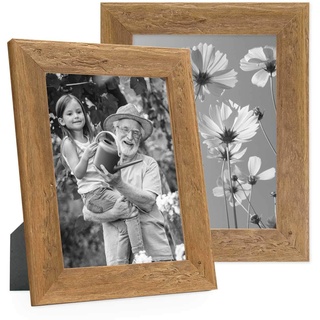 PHOTOLINI 2er Bilderrahmen-Set 15x20 cm Strandhaus Rustikal Eiche-Optik Natur Massivholz mit Glasscheibe inkl. Zubehör/Fotorahmen