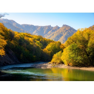 PAPERMOON Fototapete "Autumn Mountain Forest River" Tapeten Gr. B/L: 5 m x 2,8 m, Bahnen: 10 St., bunt (mehrfarbig) Fototapeten