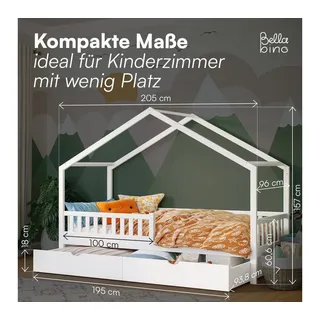 Bellabino Hausbett Vils 90x200 cm mit Rausfallschutz und Lattenrost, Kinderbett, mit Schublade & Matratze, auch mit Gästebett verfügbar weiß