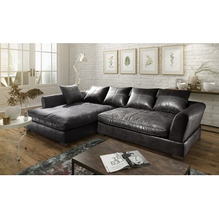 Fun Möbel Ecksofa Couchgarnitur TIZIAN L-Form in Wildlederoptik-Schwarz / Ottomane, N/A 1 Teile, 5 x Rückenkissen schwarz