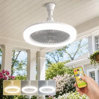 E27 Deckenventilator mit Licht 25cm - Dimmbar Fernbedienung 360° Verstellbar 3 Stufen Mini LED Lampe mit Ventilator Decken Geschlossenes Flügeln - Grau