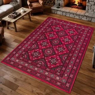 Teppich Rot mit geometrischen Medaillons und mehrteiliger Bordüre Größe - 160 x 230 cm - Dunkelrot/Rot