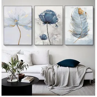 FSLEOVN Abstrakte Leinwand Bilder Blau Gold Pflanzenblatt Bild Wandbilder Nordische Wohnzimmer Wanddeko Poster Blau Blumen Leinwand Ohne Rahmen (B,40x60cm)