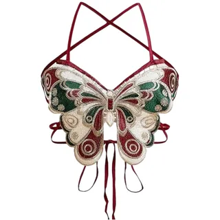 LUOFENG Damen-Camisole mit Schmetterlingsstickerei, Neckholder, rückenfrei, bauchfreies Top, sexy, überkreuzt, mit Raffhalter, enganliegend, ärmellos
