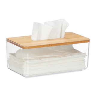 relaxdays Papiertuchbox Transparente Tücherbox mit Bambus-Deckel braun|weiß