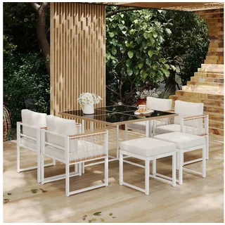 LVHOM Gartenlounge-Set Gartenmöbel Set für 4-6 Personen, Garten-Essgruppe Balkonset, (Vier Stühle + zwei Hocker + ein Tisch, atmungsaktiv, wasserdicht, wetterbeständig, abnehm-/waschbare Stoffbezüge, bis zu 150kg (Tisch/Stühle), geeignet für Zusammenkünfte im Freien, Terrassen, Balkone und Patios weiß
