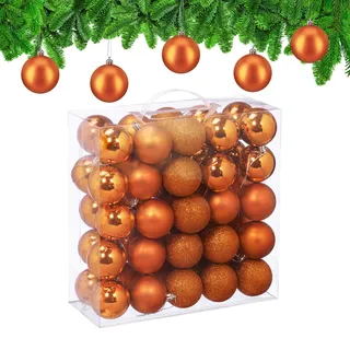 Relaxdays Weihnachtskugeln im 50er Set, Kunststoff, D: 6 cm, runde Weihnachtsbaumdeko, Baumschmuck bruchsicher, orange