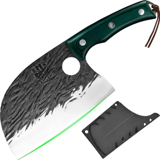 FULLHI Metzgermesser, Voll Tang serbischen Kochmesser hohen Kohlenstoffstahl Fleischbeil geschmiedet Küchenmesser für Outdoor, Camping, Geburtstag Geschenk (Grün, Serbisches Kochmesser)