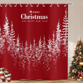 ASDCXZ Weihnachten Duschvorhang 180x200 cm, Festlich Rot Frohe Weihnachten Schnee Weihnachtsbaum Bad Waschbar Duschvorhänge Polyester Textil Wasserdicht Duschvorhang für Badewanne mit 12 Haken