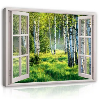 WallArena Leinwand Bilder - Fensterbilck Wald Birkenwald Natur Landschaft - 80x60 cm Leinwandbilder Bild auf leinwand Wandbild XXL groß Wandbilder für Wohnzimmer Schlafzimmer Wohnzimmerbilder Modern
