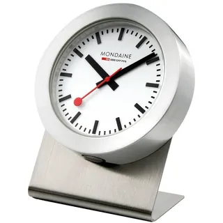 Mondaine Offizielle Schweizer Bahnhofsuhr Magnet | 50mm Wanduhr & Tischuhr mit Standfuß | Puristisches Design mit roter Sekundenkelle