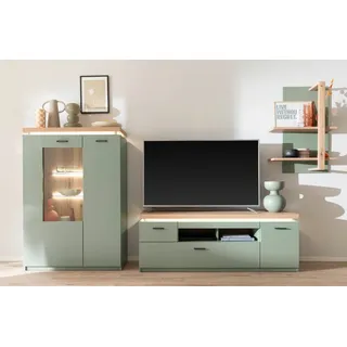 Furnhaus Wohnwand Wohnkombination Moniz 1, Salbei grün / Eiche Evoke, 3-teilig, (3-St), Wohnwand, Anbauwand, modern braun