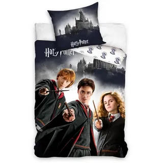 MTOnlinehandel Bettwäsche Harry Potter 135x200 + 80x80 cm 2 tlg., 100 % Baumwolle in Renforcé, Renforcé, 2 teilig, Bettwäsche-Set mit Hermine, Harry & Ron für Kinder, Teenager, Jugend grau