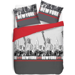 Vision - Bettwäsche New York Rot – Set Bettbezug 240 x 220 cm mit 2 Kissenbezügen für Standardbetten für Doppelbett – 100% Baumwolle