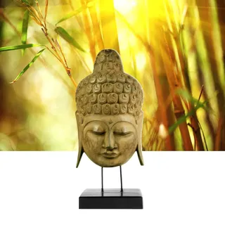 Buddha-Maske auf Ständer aus Albesia-Holz - Handgefertigt, detailreiche Gesichtszüge, 65 cm Höhe - Exotische Deko mit asiatischem Flair