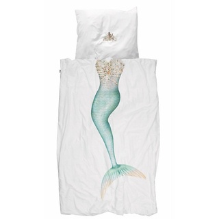 Kinderbettwäsche »Mermaid Meerjungfrau«, Snurk, Perkal, 2 teilig, Flosse, Prinzessin, Perlen, Muscheln, Krone weiß