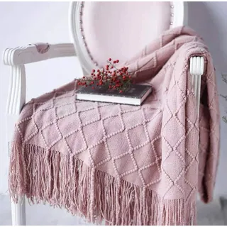 OliveSleep Gestrickte Überwurfdecke mit Fransen, leicht, weich, warm (Rosa, 125 x 152 cm)