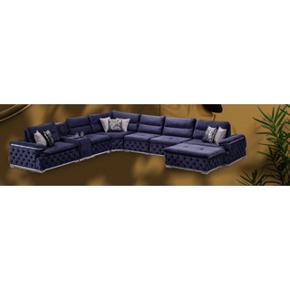 JV Möbel Ecksofa U-Form Chesterfield Sofa Couch Sofas - Blau