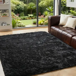 OMERAI Schwarz Hochflor Flauschig Teppich - Weich Teppiche Wohnzimmer | 90X150CM Waschbar Teppich Fellteppich Kunstfell Wohnzimmer Kinderzimmer Anti-Rutsch Unterseite Shaggy Carpet