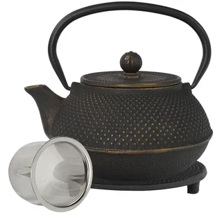 teeblume | gusseiserne Teekanne Arare | Gusseisen-Teekanne mit Sieb | inkl. gratis Untersetzer in schwarz | Teekessel innen komplett emailliert | Gold-schwarz | 900ml