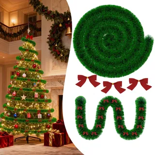 YRHome 12m Weihnachtsgirlande Tannengirlande mit Fliege Girlande Weihnachten Weihnachtsdeko Türkranz für Tür, Treppe, Weihnachtsbaum, Christbaumschmuck, Festliche Dekoration (Grün Kante)