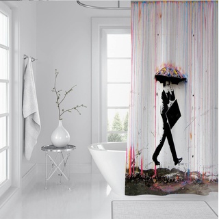 FEIPUHOME Art Banksy Duschvorhang Bunte Regen Mann Holding Regenschirm Moderne Kunstwerke Stoff Polyester Badezimmer Dekor mit 12 Haken Extra lang 180x200cm