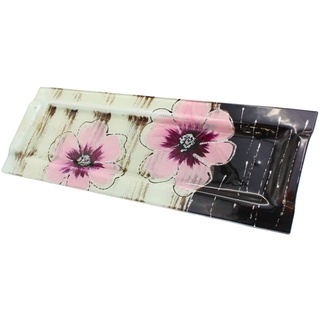 Dekohelden24 Dekoplatte/Schale/Servierplatte aus Glas mit rosa Blumen-Dekor, Rechteck, Handarbeit, Maße: L/B/H ca. 40 x 13 x 0,5 cm