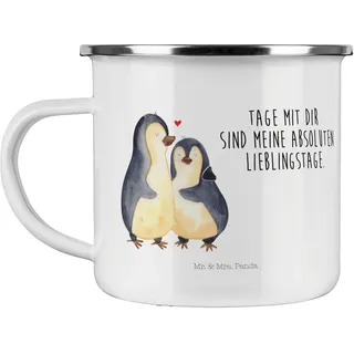Mr. & Mrs. Panda Camping Emaille Tasse Pinguin umarmen - Geschenk, Jahrestag, Liebe, Verlobung, Camping Tasse Metall, Seevogel, Emaille Trinkbecher,