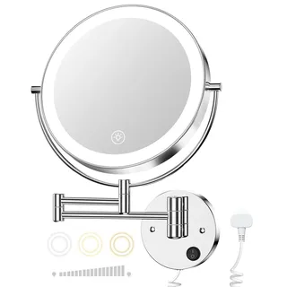 Gospire Kosmetikspiegel, Wandmontage, beleuchteter Schminkspiegel mit 3 Farblichtern und stufenlosem Dimmen, 1 x / 10-fache Vergrößerung, LED, doppelseitig, Touch-Sensor, ausziehbarer Arm, 360°