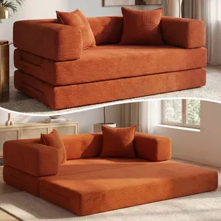 Vipbear Cordstoff Schlafsofa 160×90×70cm, 5-in-1 Umwandelbares Bodensofa aus Kord, Hochdichter Schaumstoff, Haustierfreundlich & Ergonomisch, Keine Montage, Orange