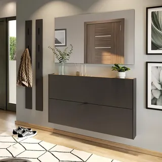 Lomadox Garderobe Flurgarderobe schmal in grau mit Eiche modern 4-teilig mit 2 Garderobenpaneelen, 1 Schuhschrank, 1 Spiegel