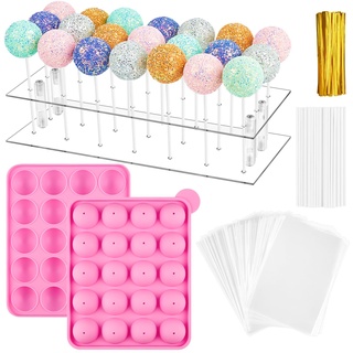 Cake Pop Maker Set, 21 Löcher, transparenter Acryl-Lollipop-Display-Ständer mit 20 Mulden, Silikon-Cake-Pop-Form, 100 Stück Sticks Leckerli-Beutel und Bindebänder für Lutscher und Cake Pop (rosa)
