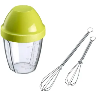 Westmark 2 Mini-Schneebesen, + 1 Schüttelbecher (0,25 l), Rostfreier Edelstahl/Hochwertiger Kunststoff, Silber/Klar/Grün, 124722E6