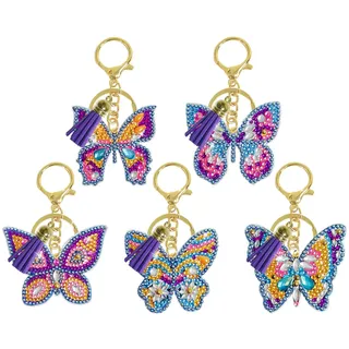 5 Stück Diamond Painting Schlüsselanhänger,für Erwachsene Kinder 5d Doppelseitig Diamond Painting Schmetterling Bilder,Kleine Diamant Anhänger Dekorative Damen Tasche und Geschenk für 6 8 10 Mädchen