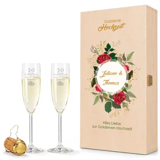 GRAVURZEILE Leonardo Sektgläser mit Gravur - Goldene Hochzeit 50 Jahre - Personalisiert mit Namen & Datum inkl. Holzkiste - Geschenk zur Hochzeit Verlobung Jahrestag - Farbe: Sekt