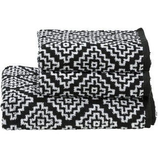 DONE Handtuch-Set Daily-Shapes-Boho 3 TLG. - 2 Handtücher 1 Duschtuch Rauten Muster - 100% Baumwolle - Schwarz, Anthrazit, Grau/Weiß, Farbe:Black/BrightWhite