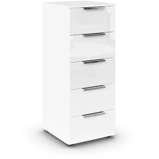 Rauch Möbel Flipp, Kommode, Farbe Glas Weiß, Breite 40 cm | Sideboard, 5 Schubladen, Glasfront, Soft-Close-Funktion, für Schlafzimmer, Gästezimmer, Wohnzimmer, Garderobe, Flur