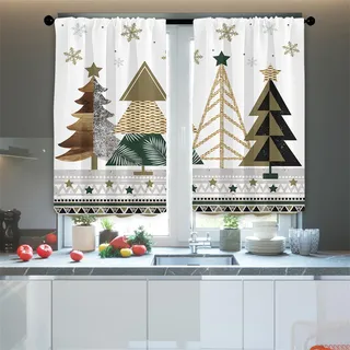 Odot Bistrogardine,Weihnachten Stil Neujahr Scheibengardine,Küchengardinen mit Stangendurchzug,2 Stück Vorhänge Wohnzimmer,Gardinen Kurz für Küchen Esszimmer Badezimmer (Weihnachtsbaum 3,80x150cm)