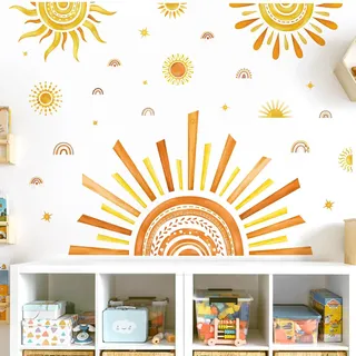 Wandtattoo Sonne Wandaufkleber Boho Dekor Regenbogen Kinderzimmer Wandsticker Wanddeko für Mädchen Wandsticker Schlafzimmer Babyzimmer (Regenbogen-Sonne)