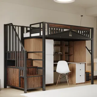 Merax Hochbett aus Metall 90 x 200 cm, Multifunktionales Hochbett für 1 Person mit Schrank und Aufbewahrungstreppen, Schwarz (ohne Matratze und Schreibtisch)
