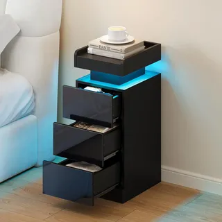 Dripex Nachttisch schmal, Beistelltisch mit LED-Beleuchtung, Nachttische mit 3 Schublade, erhöhtem Rand(Verhindert das Herunterfallen), RGB Farbwechsel, Dimmbar, für Schlafzimmer, Wohnzimmer, Schwarz