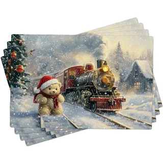 Tischsets für den Winter, Weihnachten, Zug und Teddybär, Rot, Feiertagsdekoration, Platzsets für Esstisch, rutschfest, waschbar, für drinnen und draußen, Party, dekorative Platzsets, 45,7 x 30,5 cm, 4